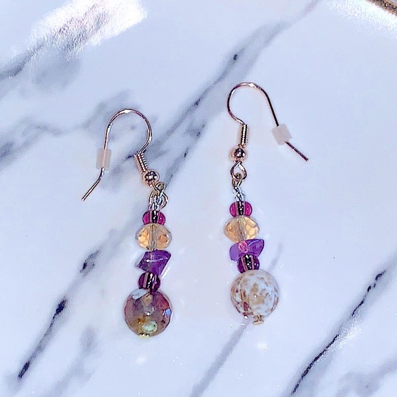 New Handmade Beaded Earrings Amethyst Natural Healing Gemstones, Hypoallergenic - Picture 4 of 16